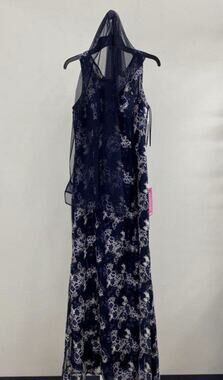 Alex Evenings Long Rosette Sequin Mother of Bride Dress Blue scarf Med 8 36x59